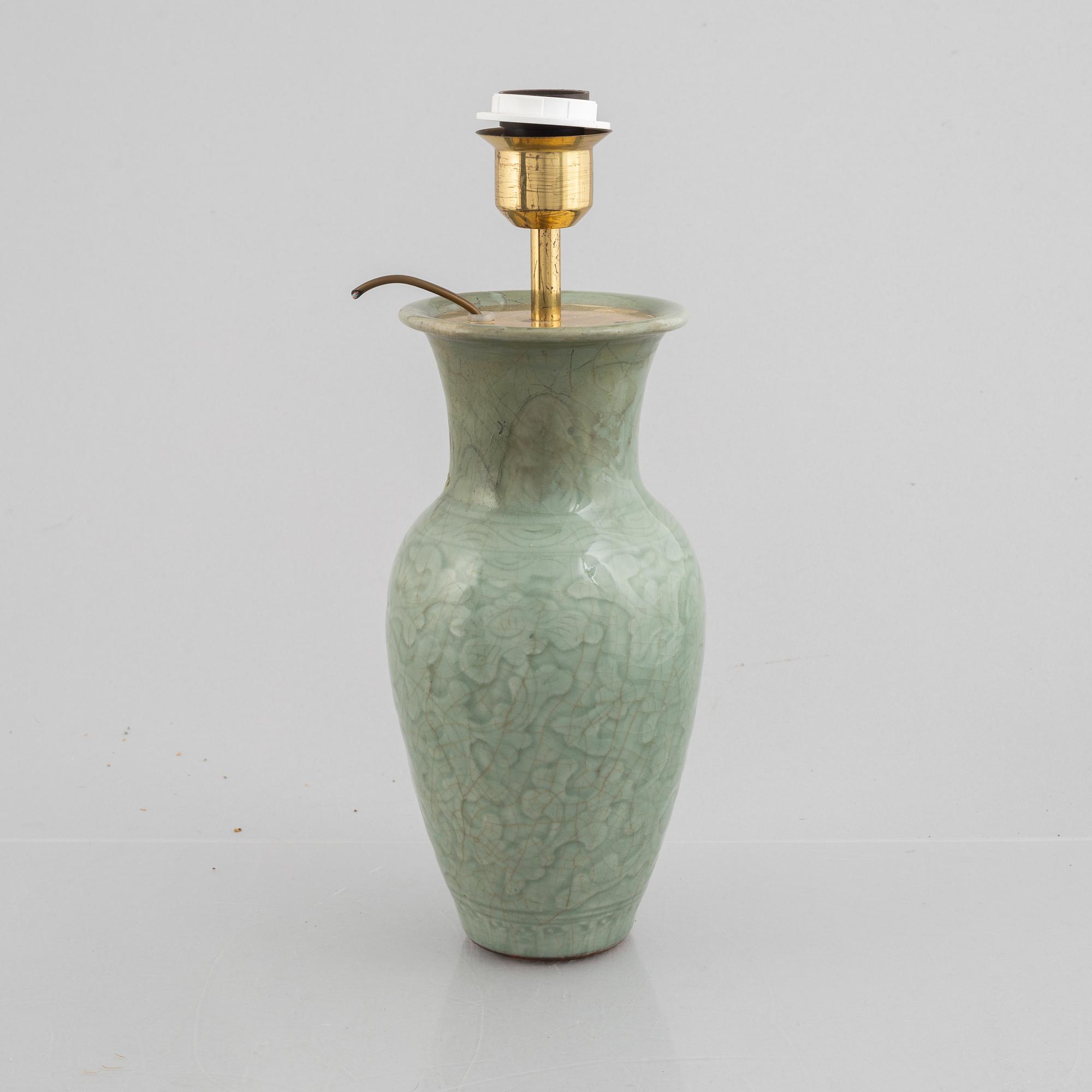 A Chinese celadon porcelain vase / table lamp, late Qing dynasty.