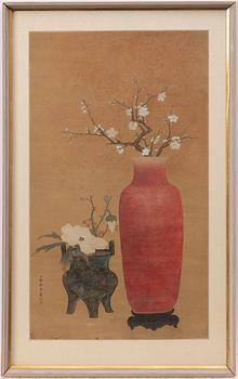 Unidentified artist, Still Life with Prunus in a Red Vase and Incense Burner, China, late Qing dynasty/early 20th century.