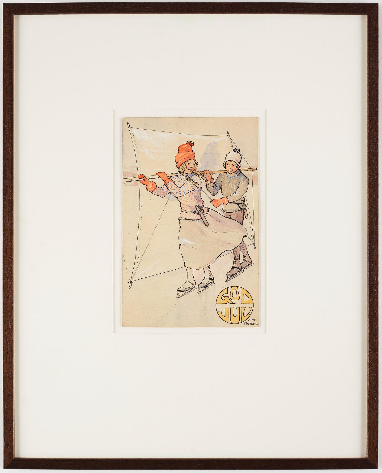 Aina Stenberg-Masolle, "God Jul", skridskoseglande barn (Merry Christmas, ice skating children).