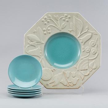 FRUKTFAT samt ASSIETTER 5 st, Uppsala Ekeby, 1940-50-tal.