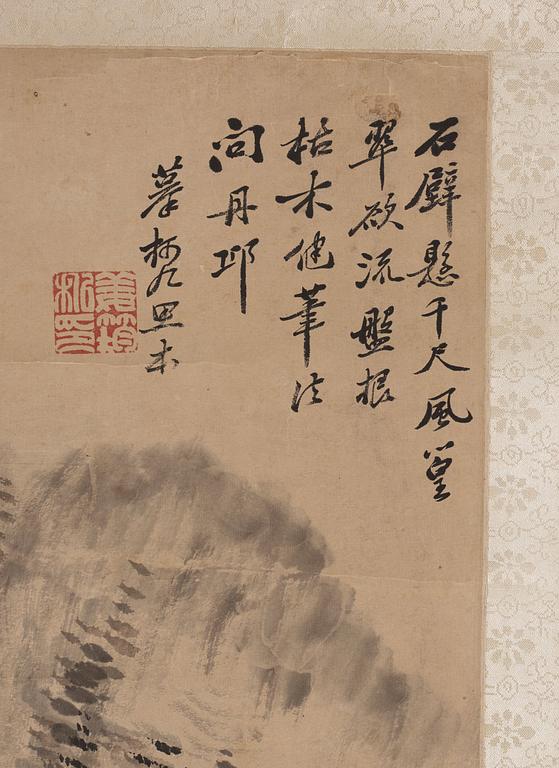 A hanging scroll of a landscape in the style of the Yuan artist Ke Jiusi, by Jiang Jun (1847-1919), signed.