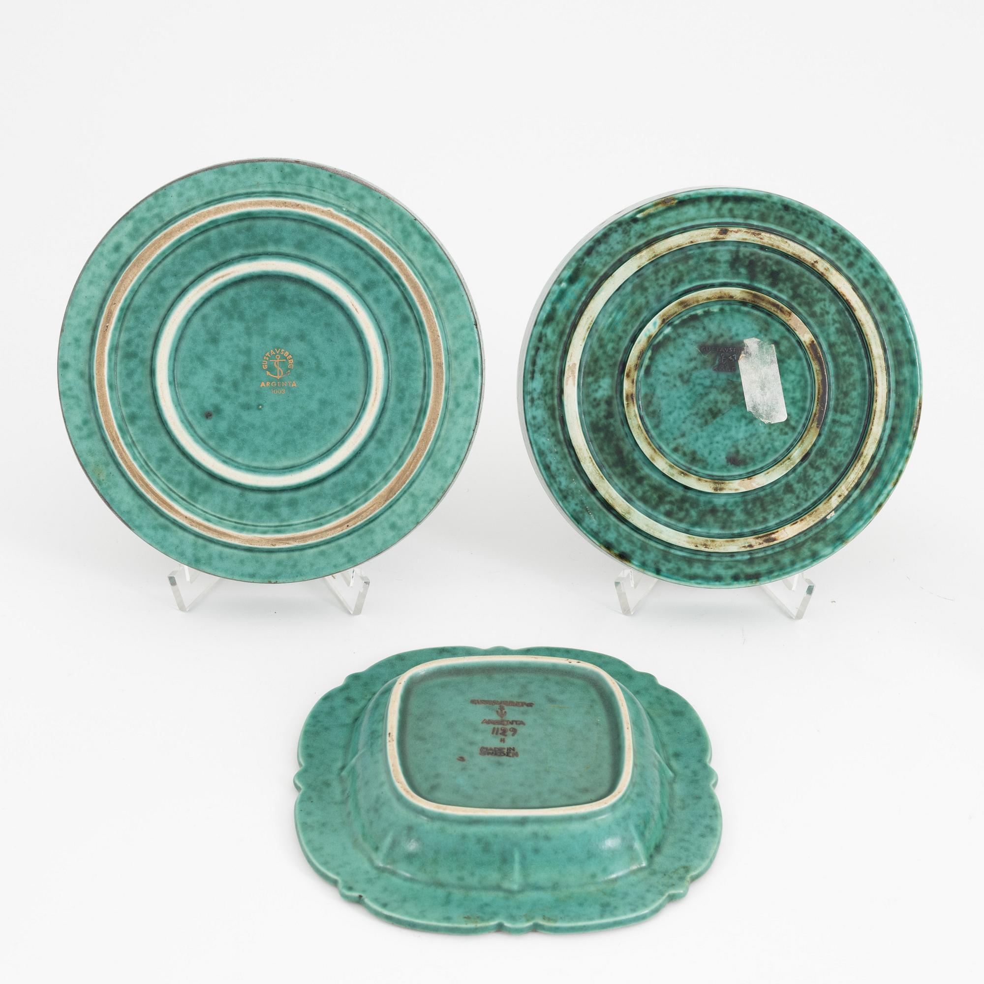 Wilhelm Kåge, a group of four stoneware vases, two bowls, three dishes and two lidded boxes, 'Argenta', Gustavsberg.