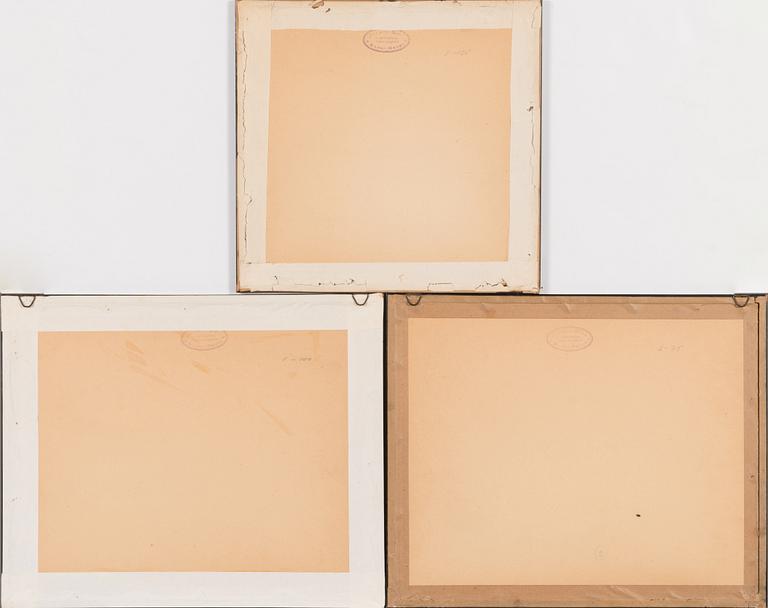 Träsnitt, 3 st, tusch och färg på papper, 2 signerade Wang Hui, efter, hans skola, omkring 1900.