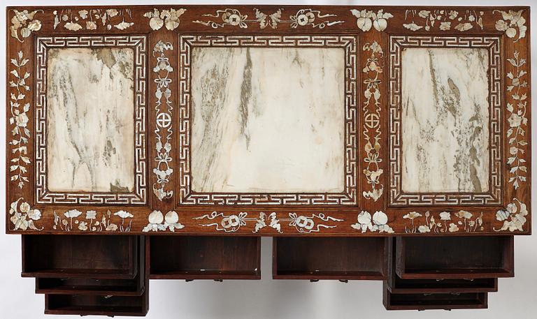 A Chinese writng desk with stone placques and mother of pearl inlay, late Qing dynasty.