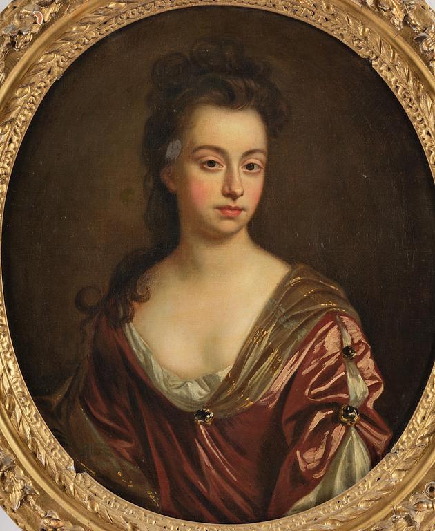 Mikael Dahl, attributed to, Young woman in burgundy dress.