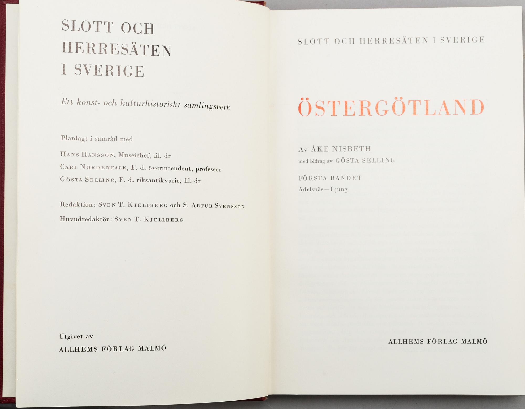 A set18 books about swedish castles and mansions, published by Allhems förlag in Malmö, second half of the 20th century.