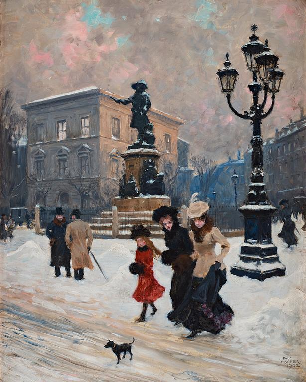 Paul Fischer, Pedestrians in front of the Statue of Niels Juel in Copenhagen.