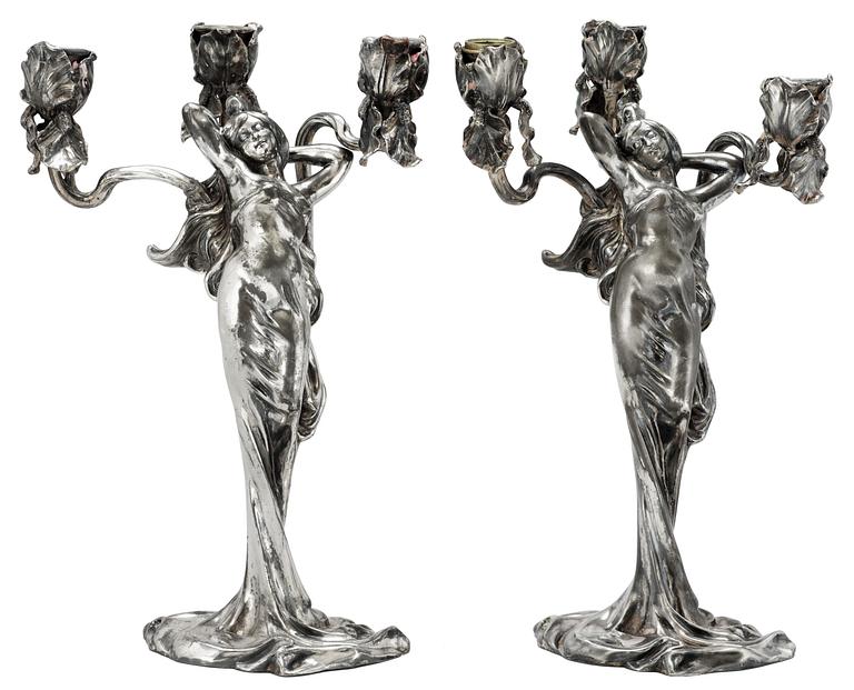 A pair of C. Bonnefond Art Nouveau white metal candelabra, Paris circa 1900.