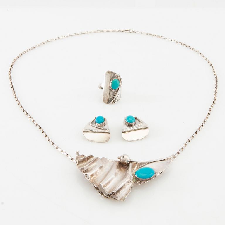 Necklace, ring and earrings of silver with turquoises, Avi Soffer Israel.
