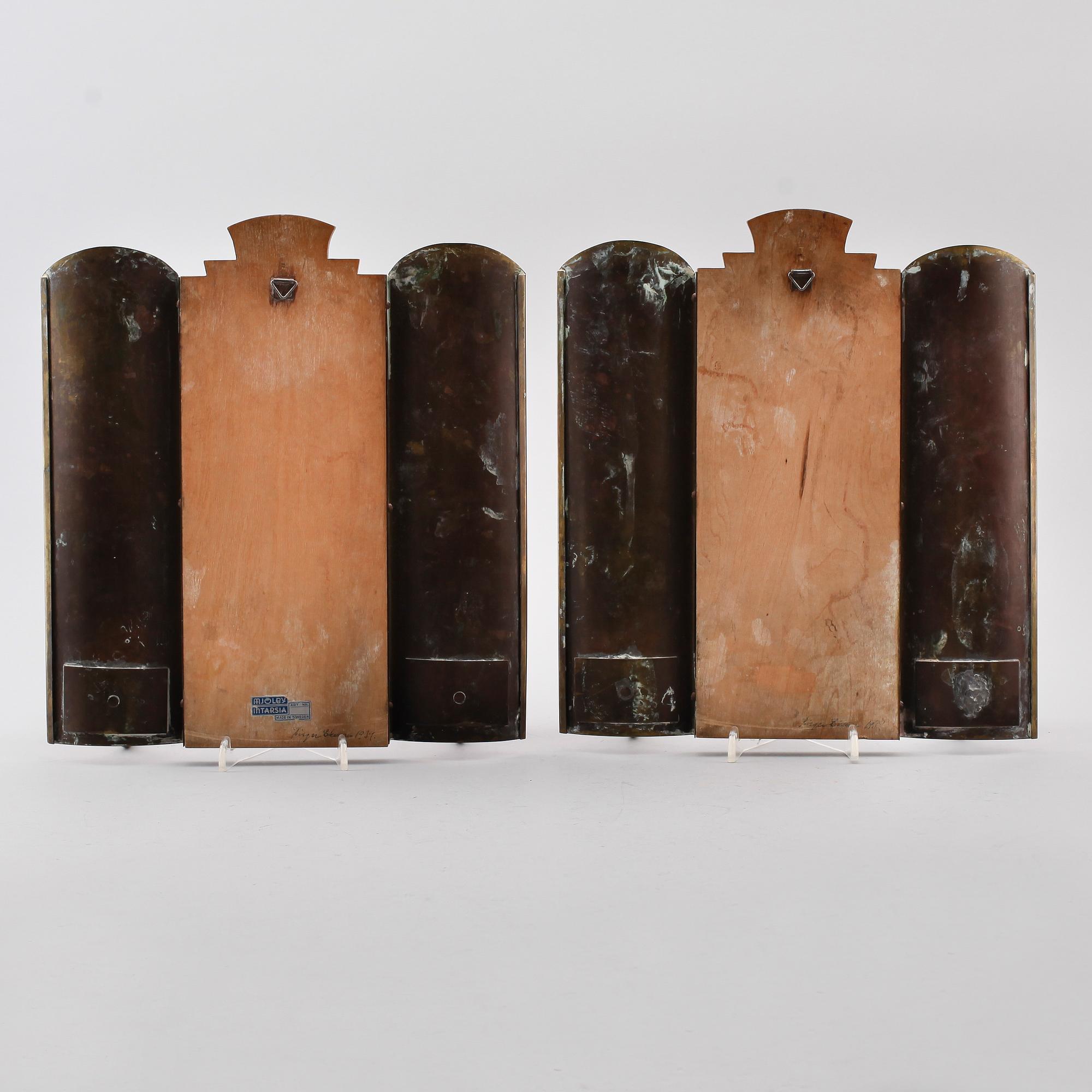 VÄGGLAMPETTER, 1 par, Birger Ekman, Mjölby Intarsia 1939.