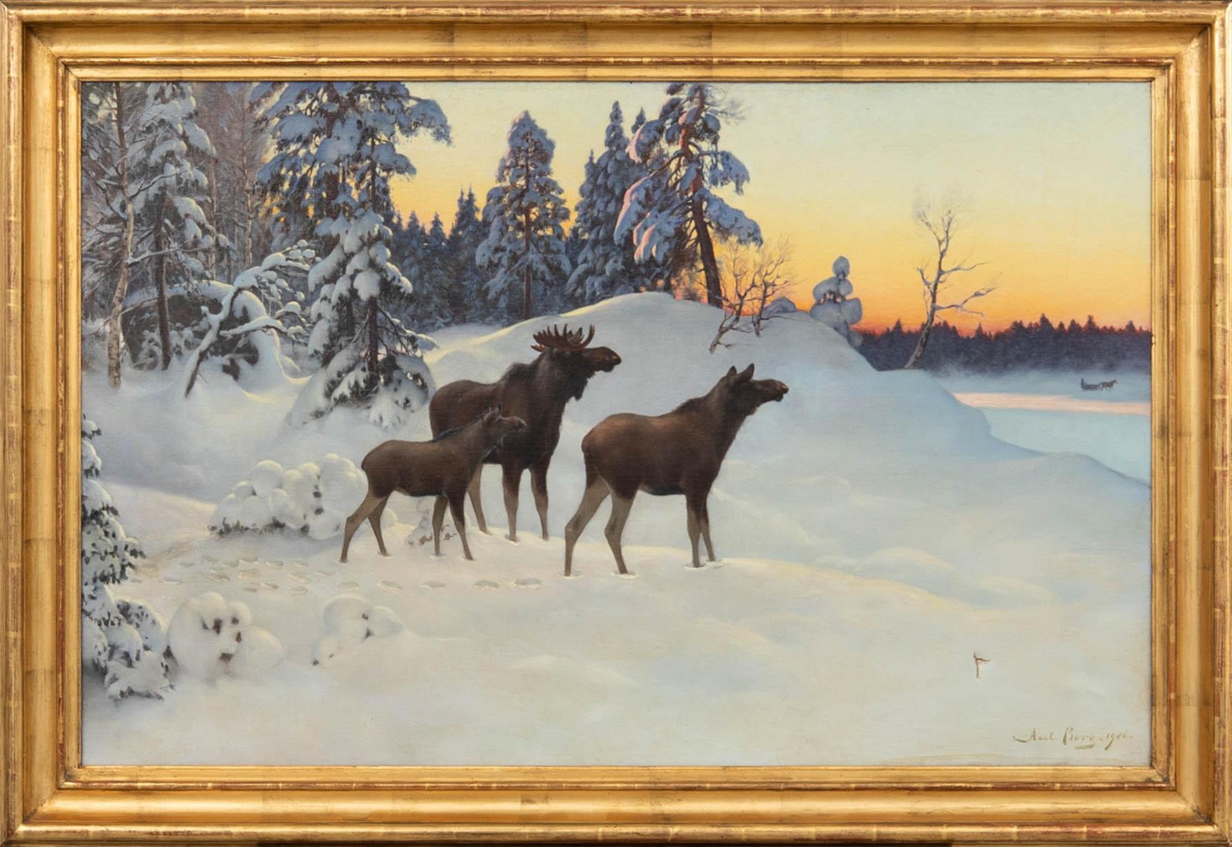 Axel Borg, Winter landscape with a moose family.