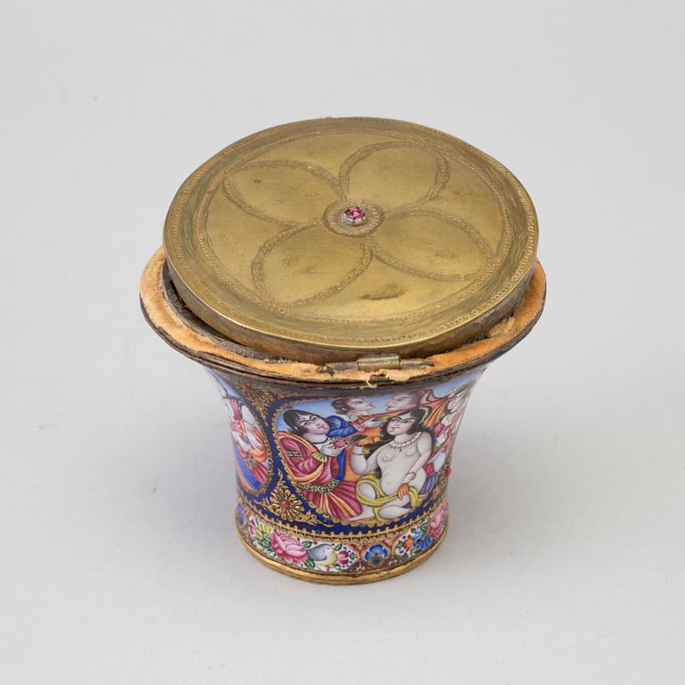 A Qajar polychrome enamelled ghalian cup, Persia, 19th century.