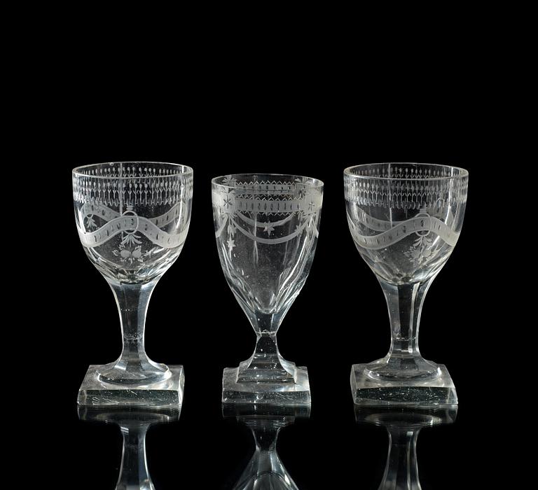 A set of seven Swedish late Gustavian wine glasses.