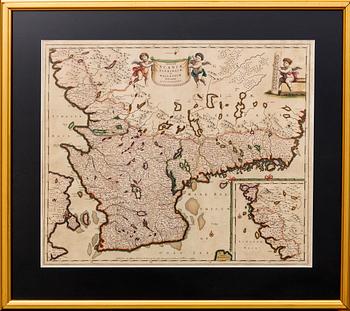 FREDERICK DE WIT, karta, handkolorerat kopparstick, "Accurata Scaniae, Blekingiae, et Hallandiae descriptio." 1680-tal.