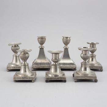 7 pewter candlesticks, 19th Century. (2+2+2+1).