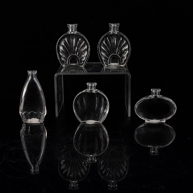 Edvin Ollers, parfymflaskor, 5 st, glas. Limmared, ca 1930,