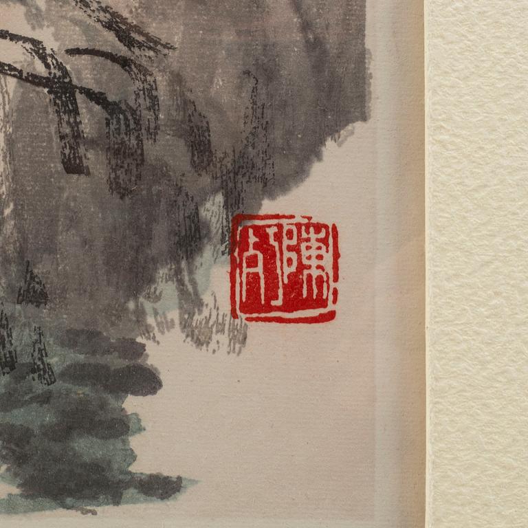 Four Chinese paintings and woodblock prints, ink and color on paper, 20th century.