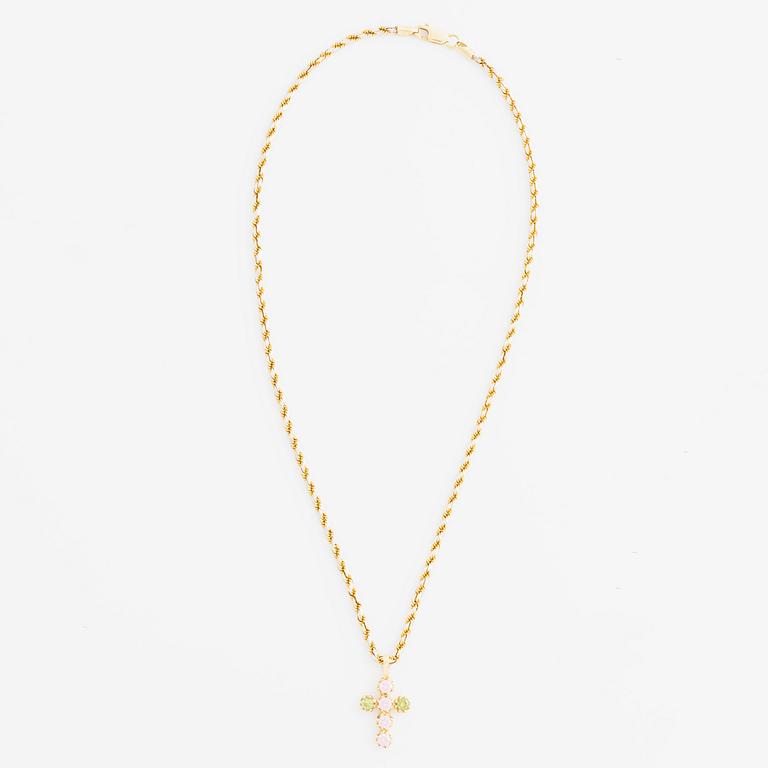 Hänge, kors med peridot och rosa stenar, med kedja.