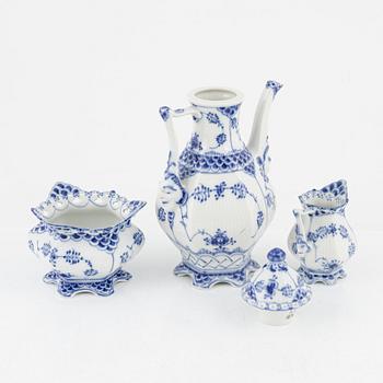 A 'Musselmalet' coffee pot, a sugarbowl and a creamer, Royal Copenhagen, Denmark.