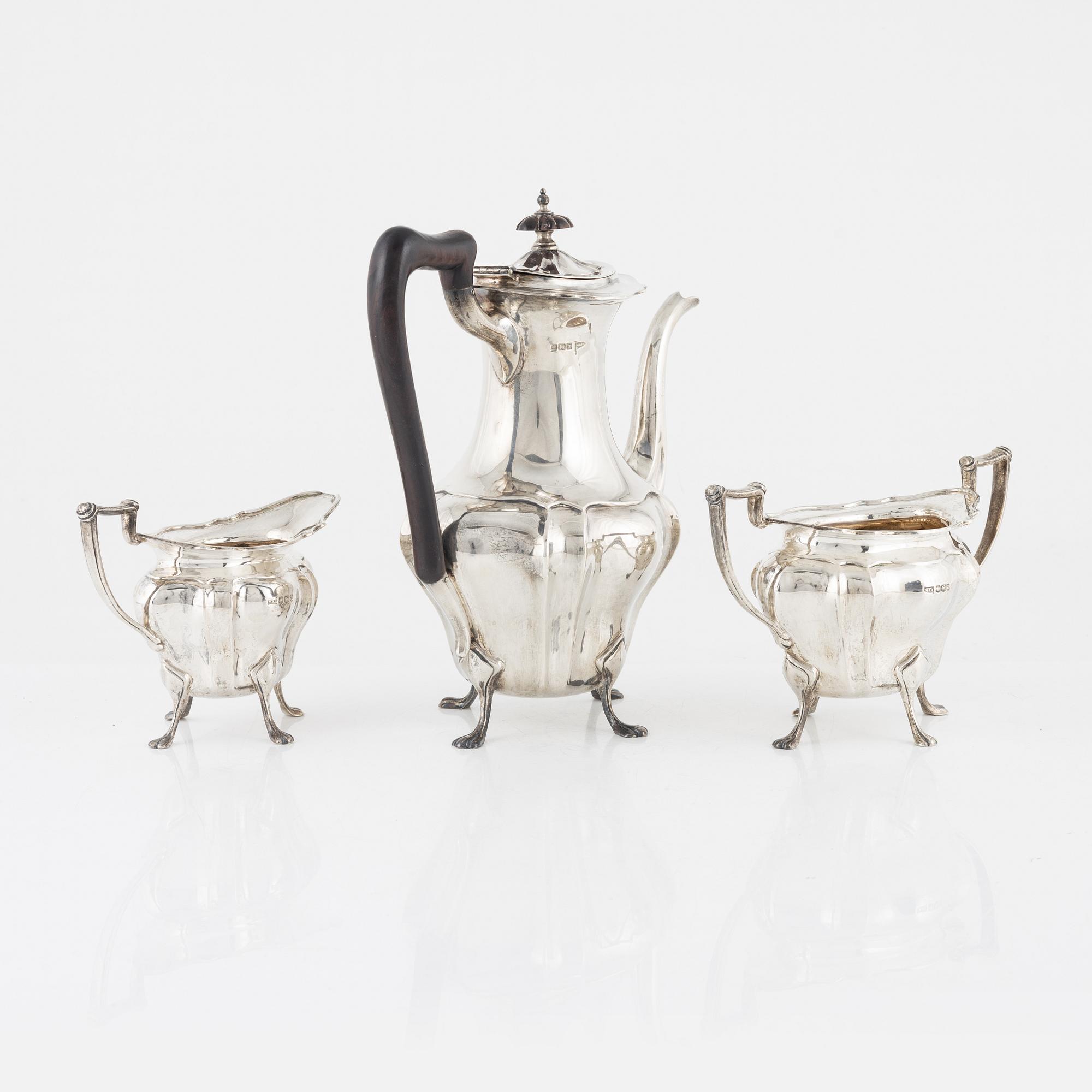Walker & Hall, kaffeservis, 3 delar, silver, Sheffield 1914-18.