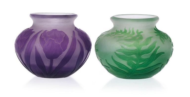 Two Karl Lindeberg Art Nouveau cameo glass vases, Kosta, Sweden.