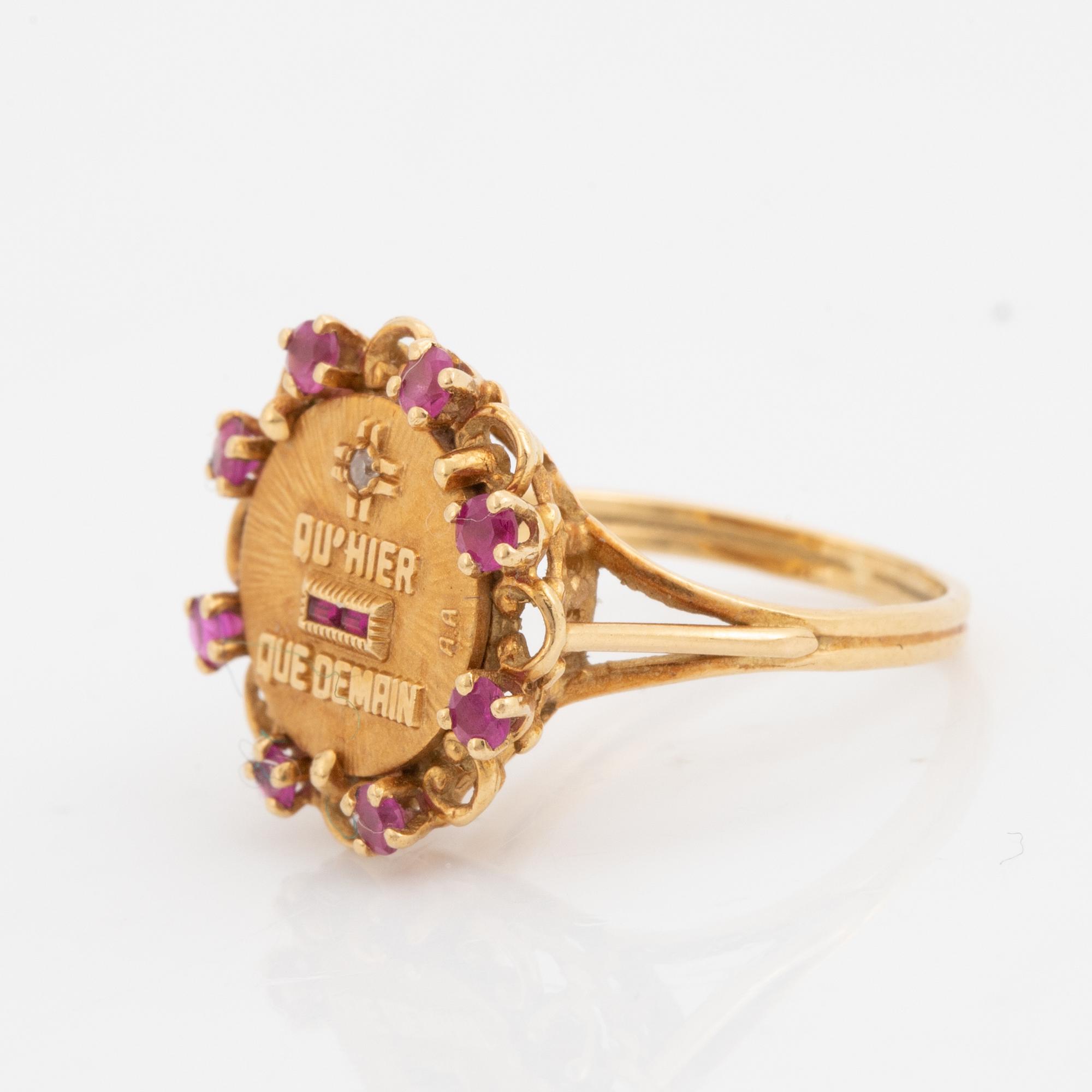 Gold, ruby and eight cut diamond ring.