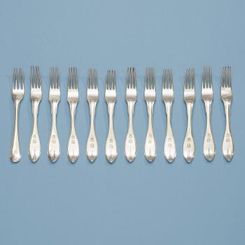 947. A set of 12 Swedish early 19th century silver forks, makers mark of Johan Lindgren, Gävle 1806.