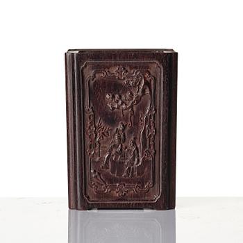 A well carved box with cover and brush pot, China, presumably Republic.