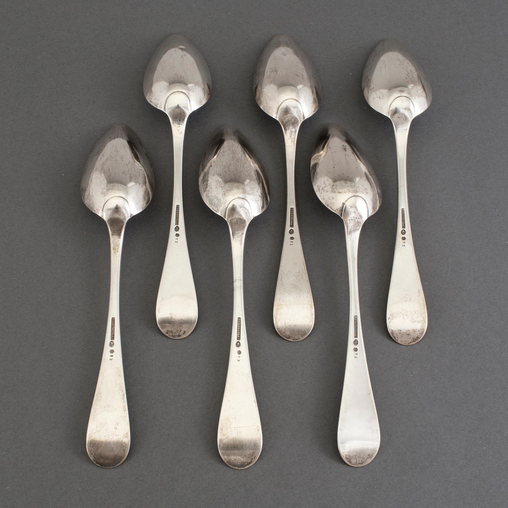 A SET OF SIX SILVER TABLE SPOONS, by Friedrich Petschler, Göteborg 1815.