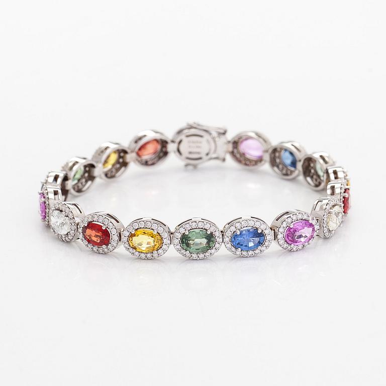 A multi-colour sapphire and diamond bracelet in 14K whitegold.