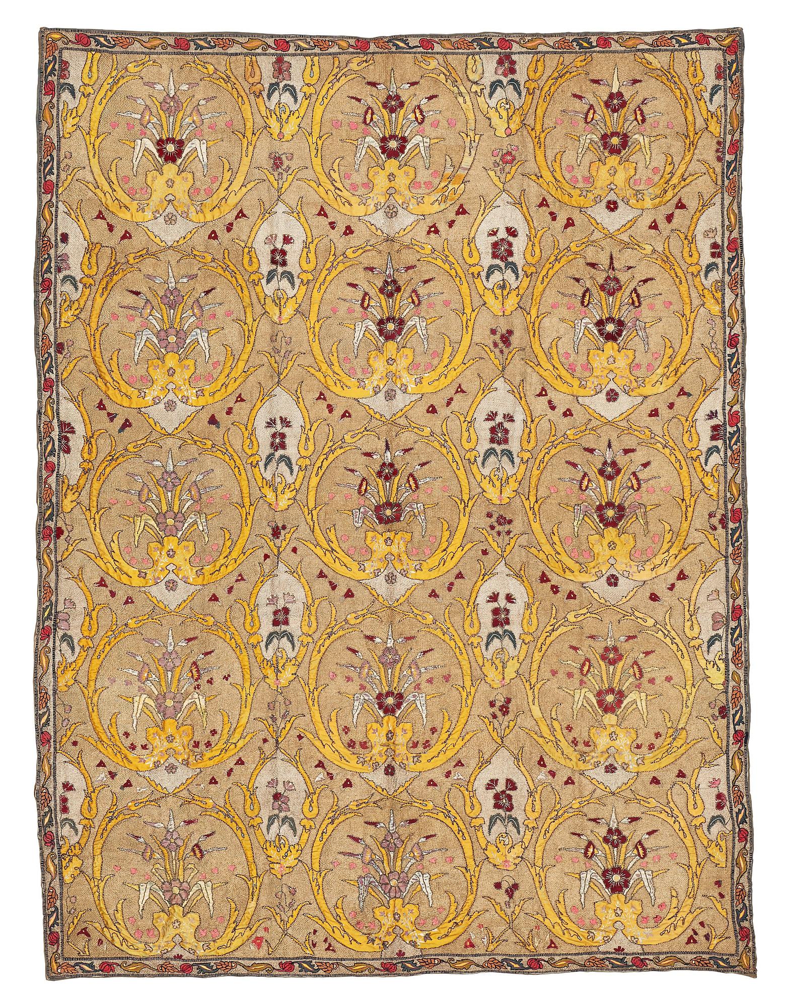 An elephant cover for parades, ca 202 x 151,5 cm, probably India around 1900.