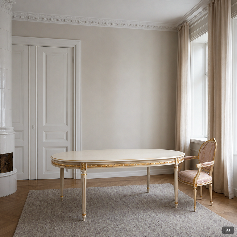 Dining table and armchair, Louis XVI style. Italy, second half of the 20th century.