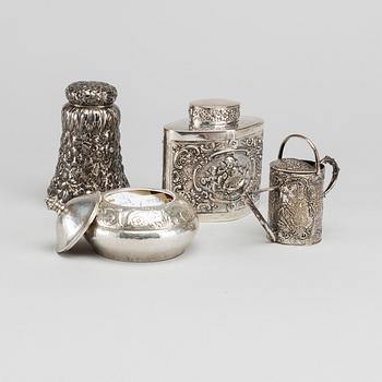 A set of four different silver objects, different makers and origin, silver, weight ca 442 gr.