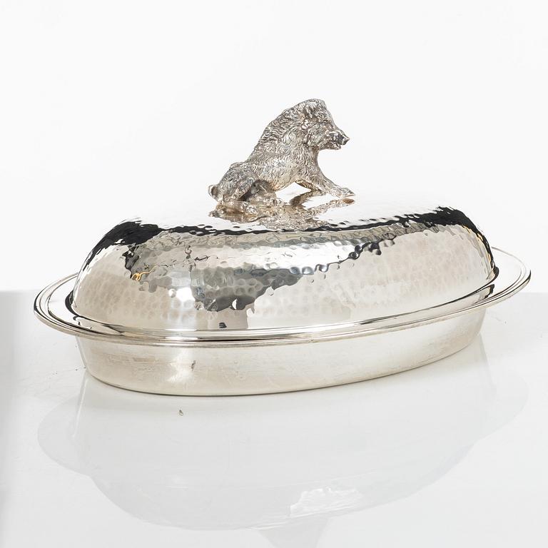 Covered bowl, silver plate, with glass insert, 20th century.