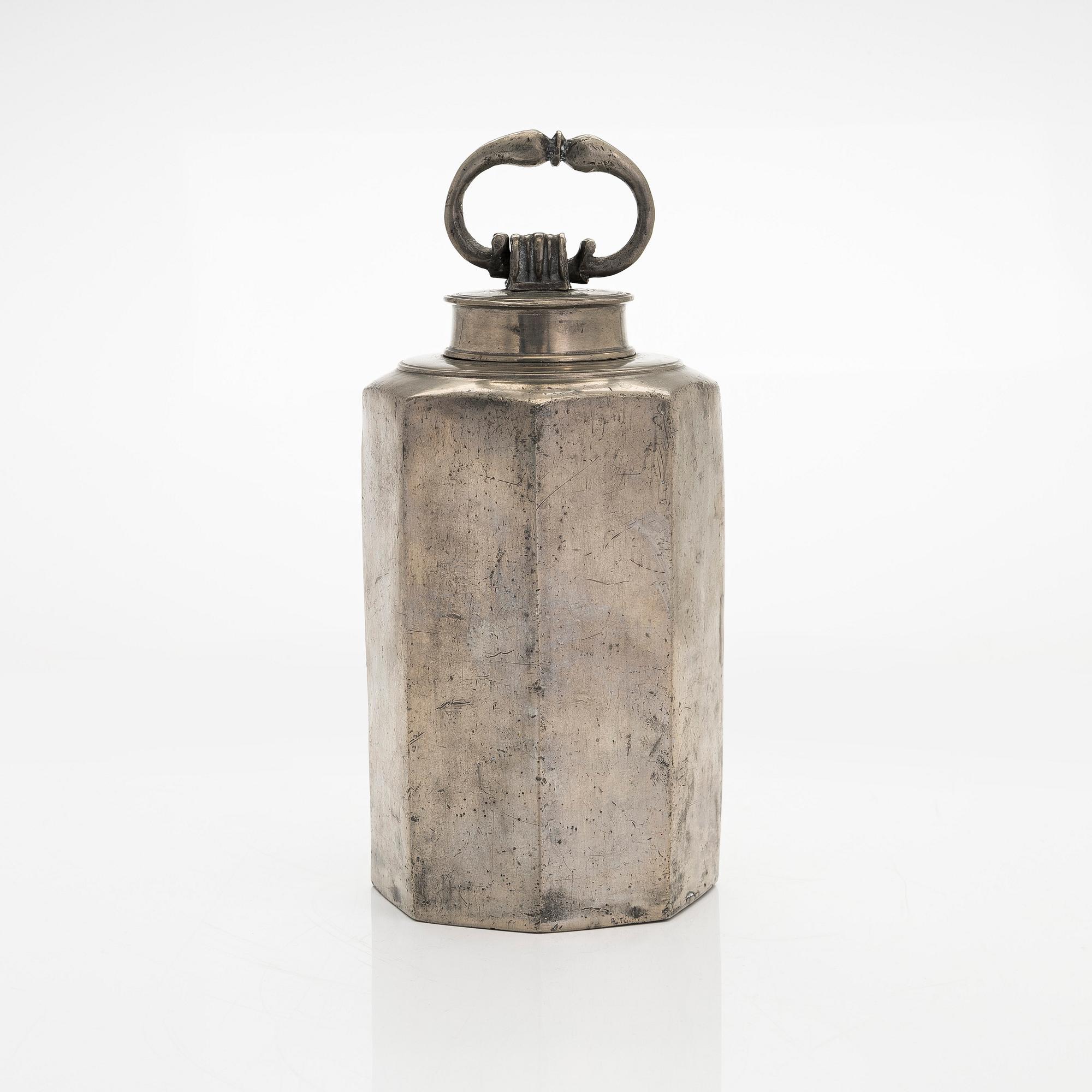 A pewter bottle, maker's mark of Daniel Rising, Turku, Finland, late 18th Century.