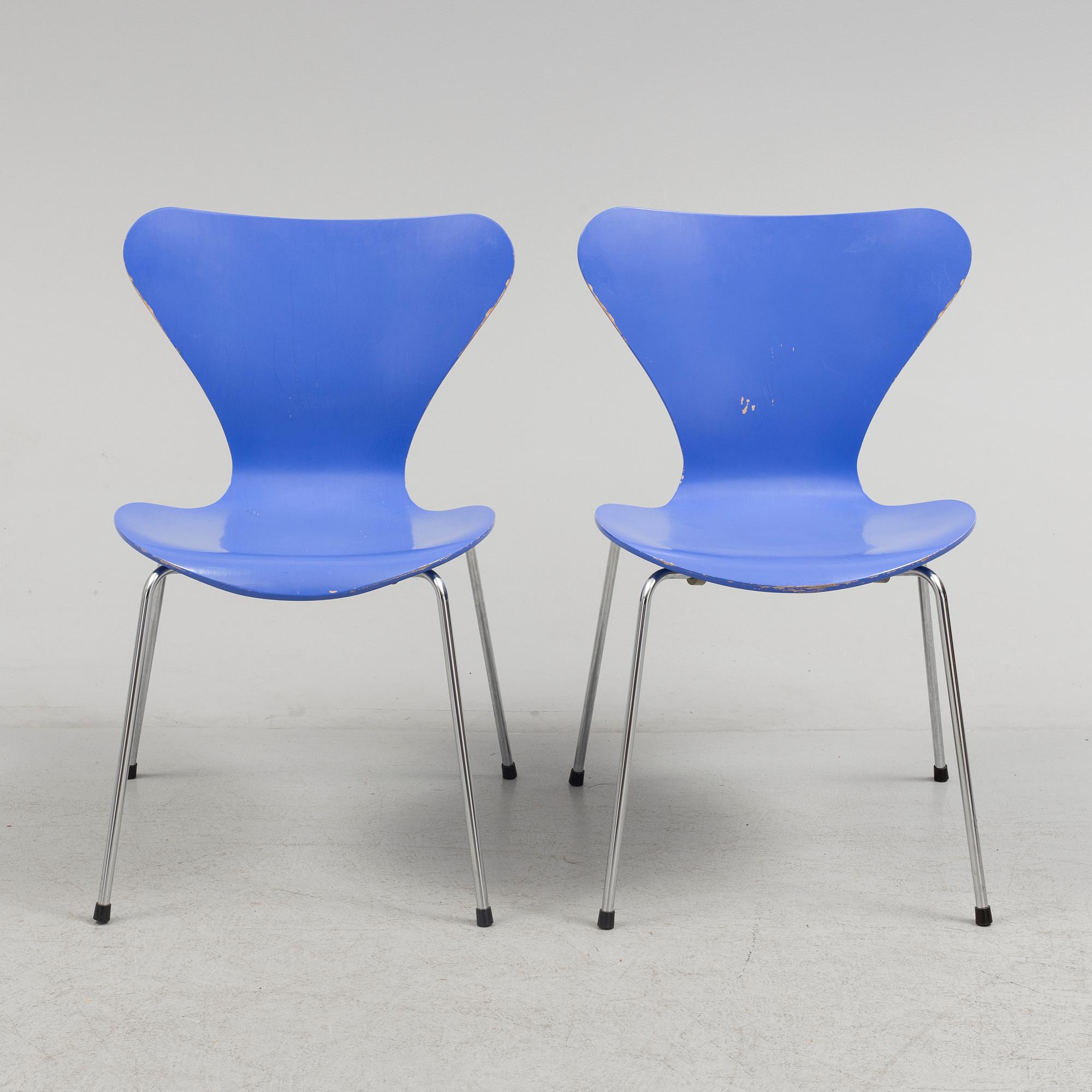 ARNE JACOBSEN, STOLAR, 6 st, "Sjuan", märkta, Fritz Hansen, Danmark, 1980-tal.
