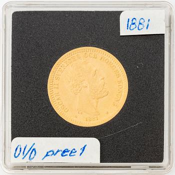 Guldmynt, Oscar II, 20 kronor, typ III, Sverige 1881.