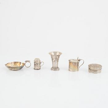 Parti silver, 5 delar, England, Sverige och Mexico, 1800-1900-tal.