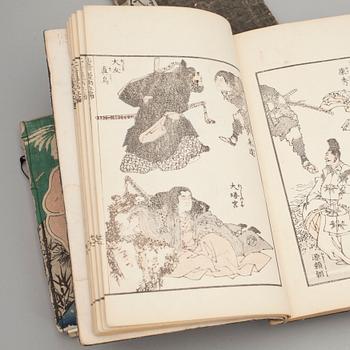 BOK, Hokusai Manga, troligen 1870-tal, samt 8 böcker med träsnitt av olika författare och konstnärer, Japan 1800-tal.