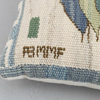 Märta Måås-Fjetterström, a tapestry weave textile/cushion, 'Blomlapp' ('Pingstlilja'), signed AB MMF, Sweden.
