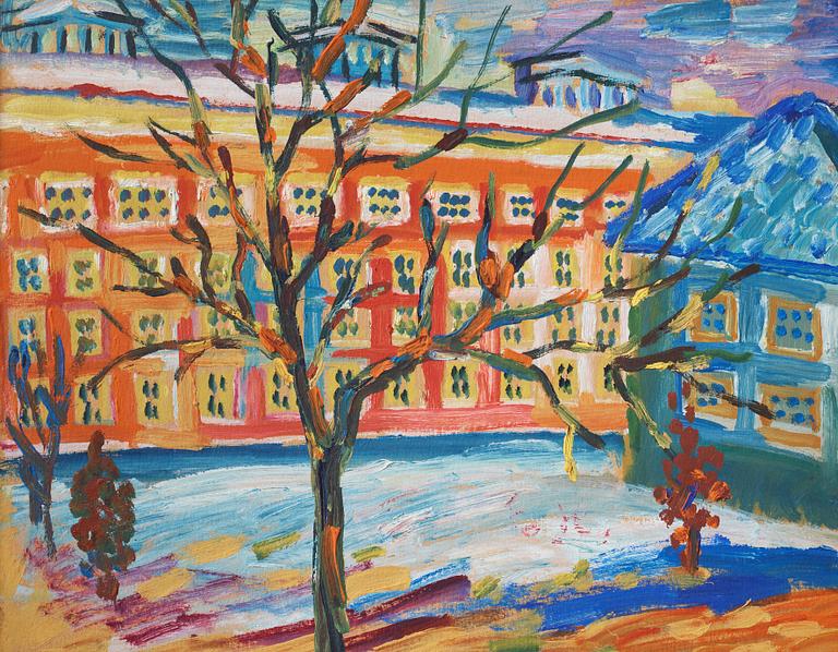 Ester Henning, oil on paper panel, indistinctly signed with monogram in red.