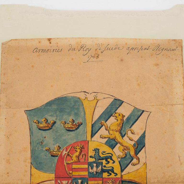 A watercolour, Sweden's Coat of Arms, dated 1765.