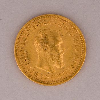 A Russian 5 Rubel gold coin, Alexander III, 1890.