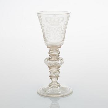 An 18th century wine glass with Swedish royal monogram, Kungsholms Glasbruk.