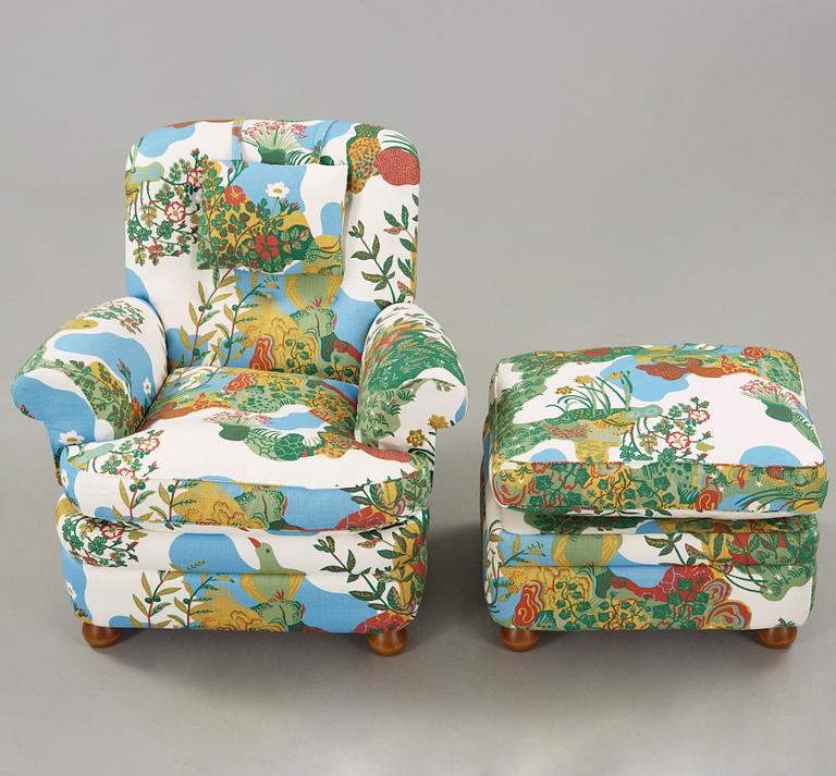 A Josef Frank armchair with ottoman, model 336, Svenskt Tenn Sweden.