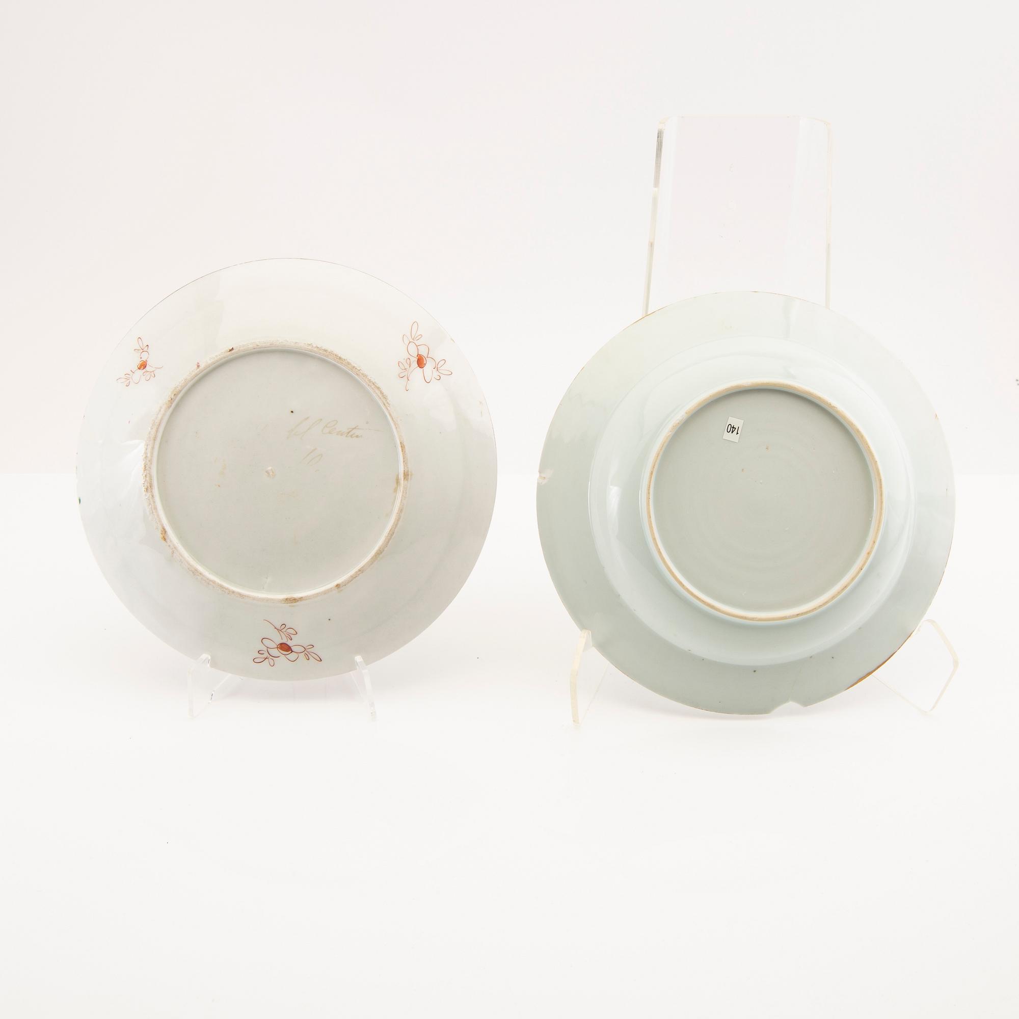 A set of two famille rose plates, Qing dynasty, 18th Century and one Samson, 19th Century.