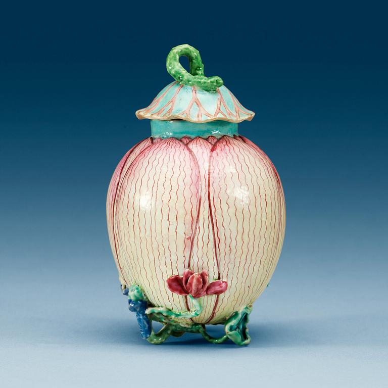 A famille rose lotus tea caddie with cover, Qing dynasty, Qianlong (1736-95).