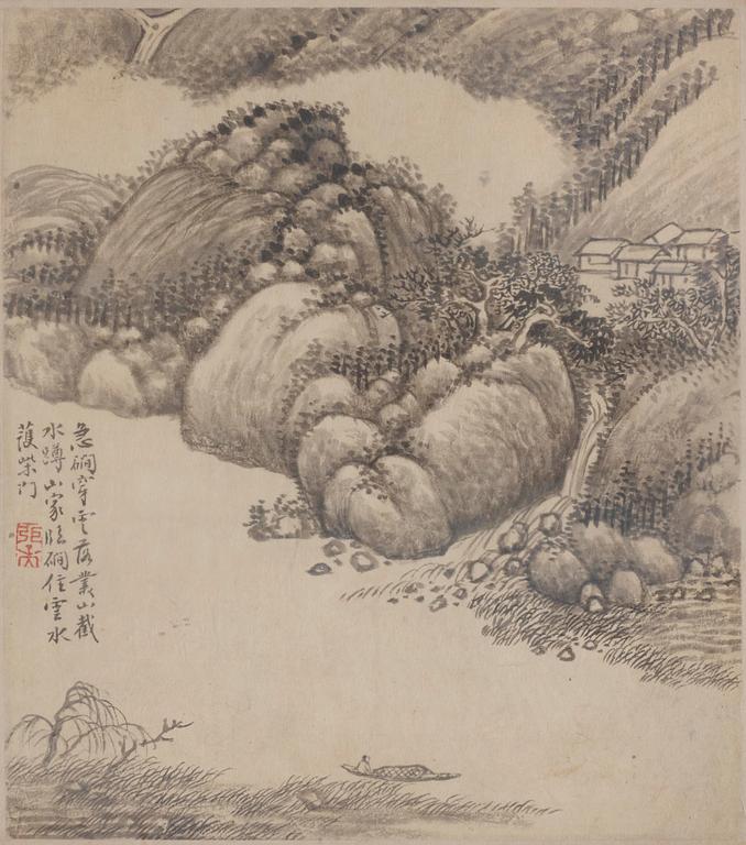 Zhang Geng (1685-1760), albumblad, nio stycken, akvarell och tusch på papper. Qingdynastin, daterad 1728.