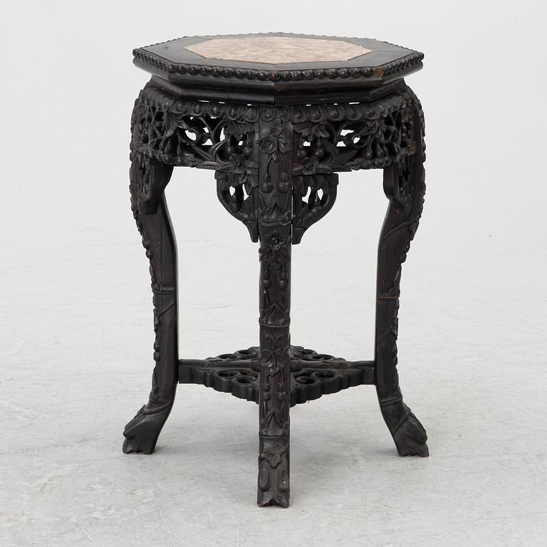 A Chinese small table, carved wood and stone, 1900s.