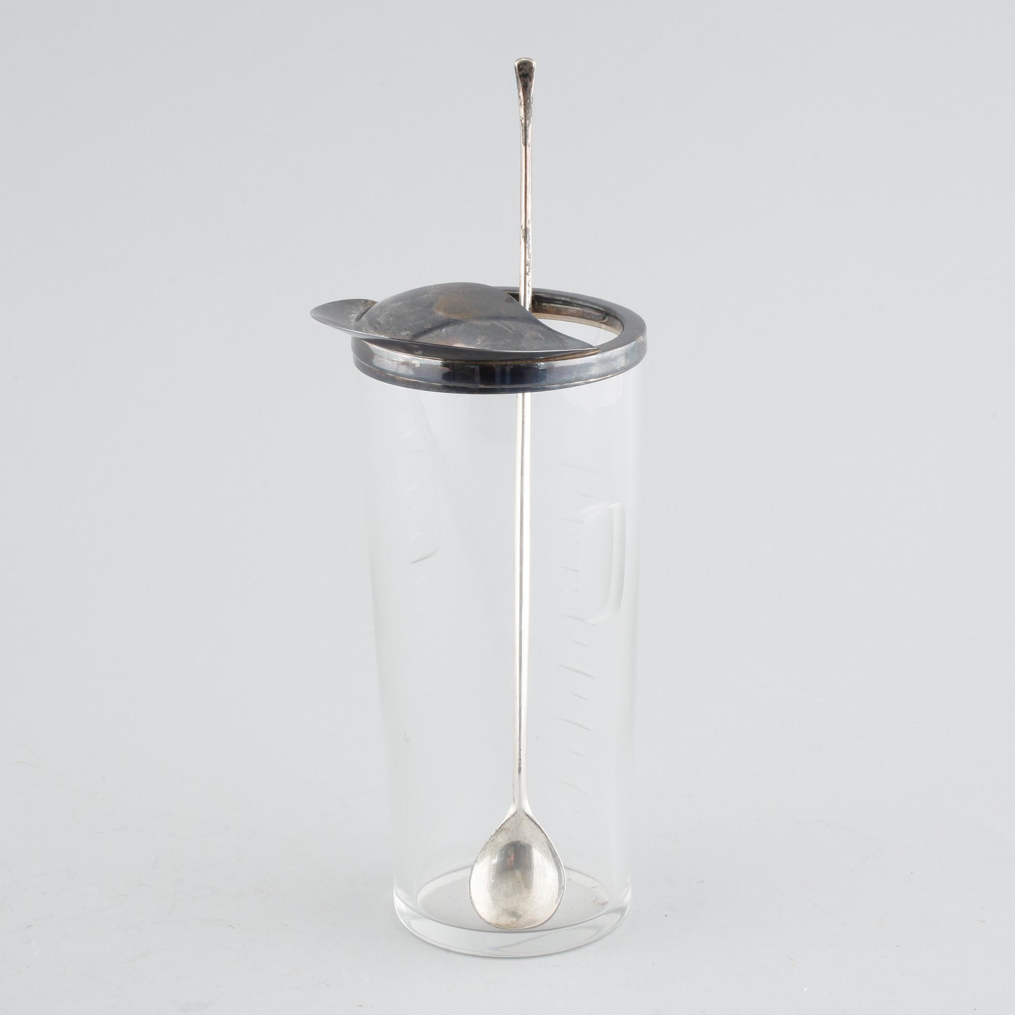 Cocktail jug and stirrer in glass and silver by Anton Michelsen, Denmark, mid/third quarter of the 20th century.